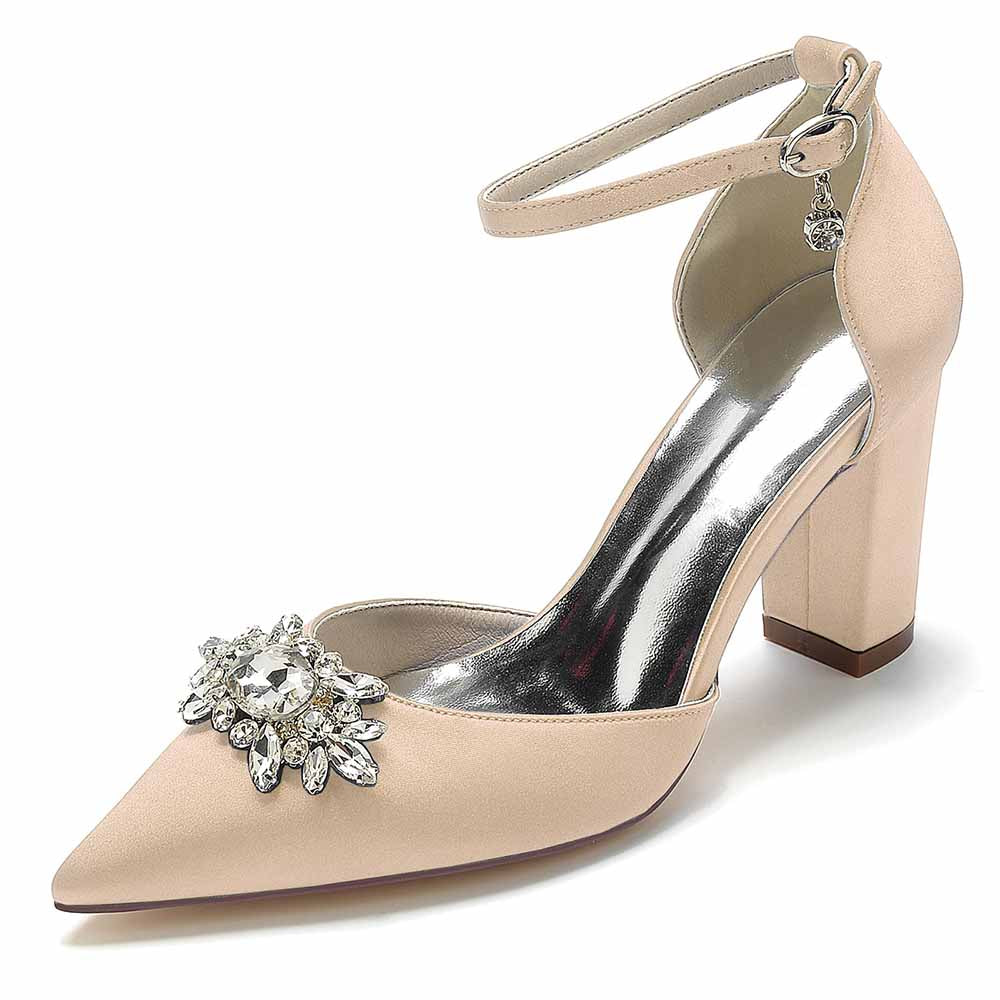 S&DCo. point toe satin wedding shoes with embellished rhinestone detail and ankle strap