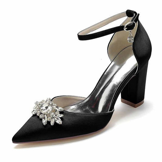 Elegant point toe satin wedding shoes by S&DCo. with a stunning rhinestone embellishment