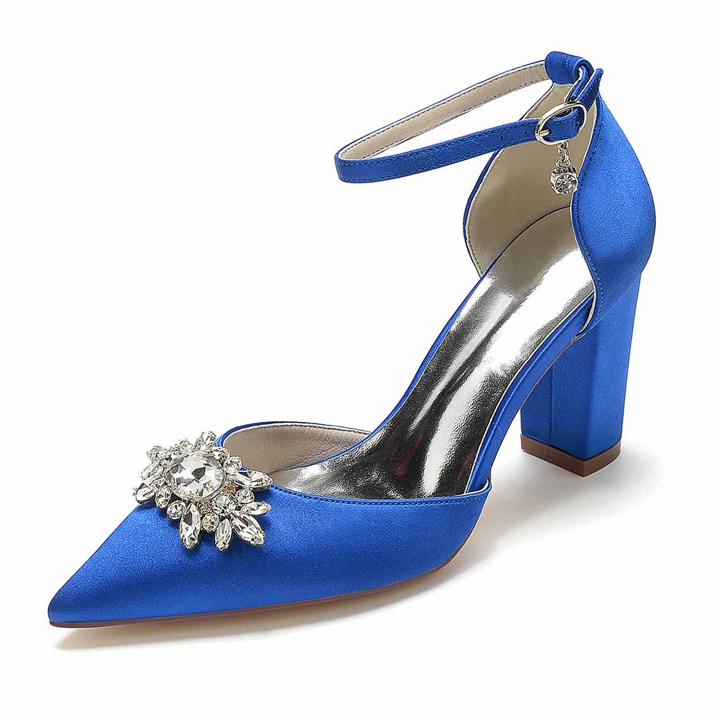 S&DCo. Point Toe Satin Wedding Shoes in Blue with Decorative Rhinestone Accent and Block Heel