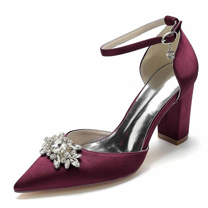 S&DCo. point toe satin wedding shoes in burgundy with jeweled embellishment and chunky heel