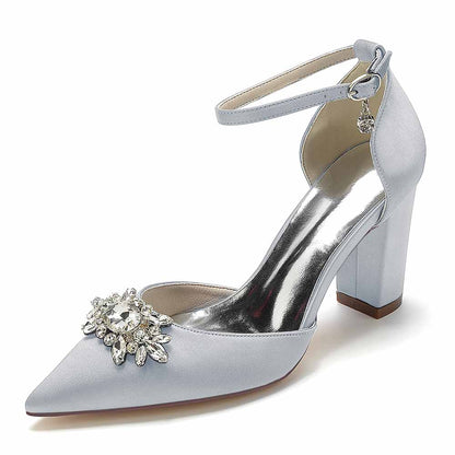 Elegant point toe satin wedding shoes with embellished rhinestone design and ankle strap for a stylish look