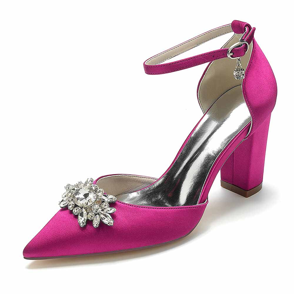 Elegant point toe satin wedding shoes in fuchsia with jeweled embellishment and ankle strap