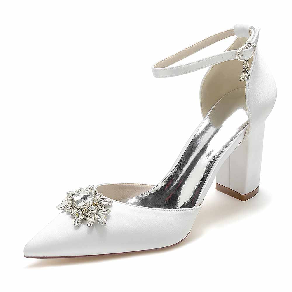 S&DCo. point toe satin wedding shoes with jeweled embellishment and block heel design