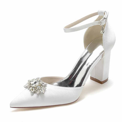 S&DCo. point toe satin wedding shoes with jeweled embellishment and block heel design