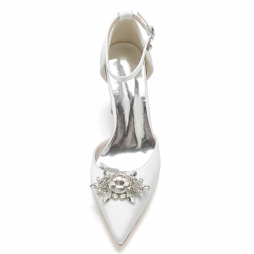 Elegant point toe satin wedding shoes with a decorative jeweled embellishment and ankle strap