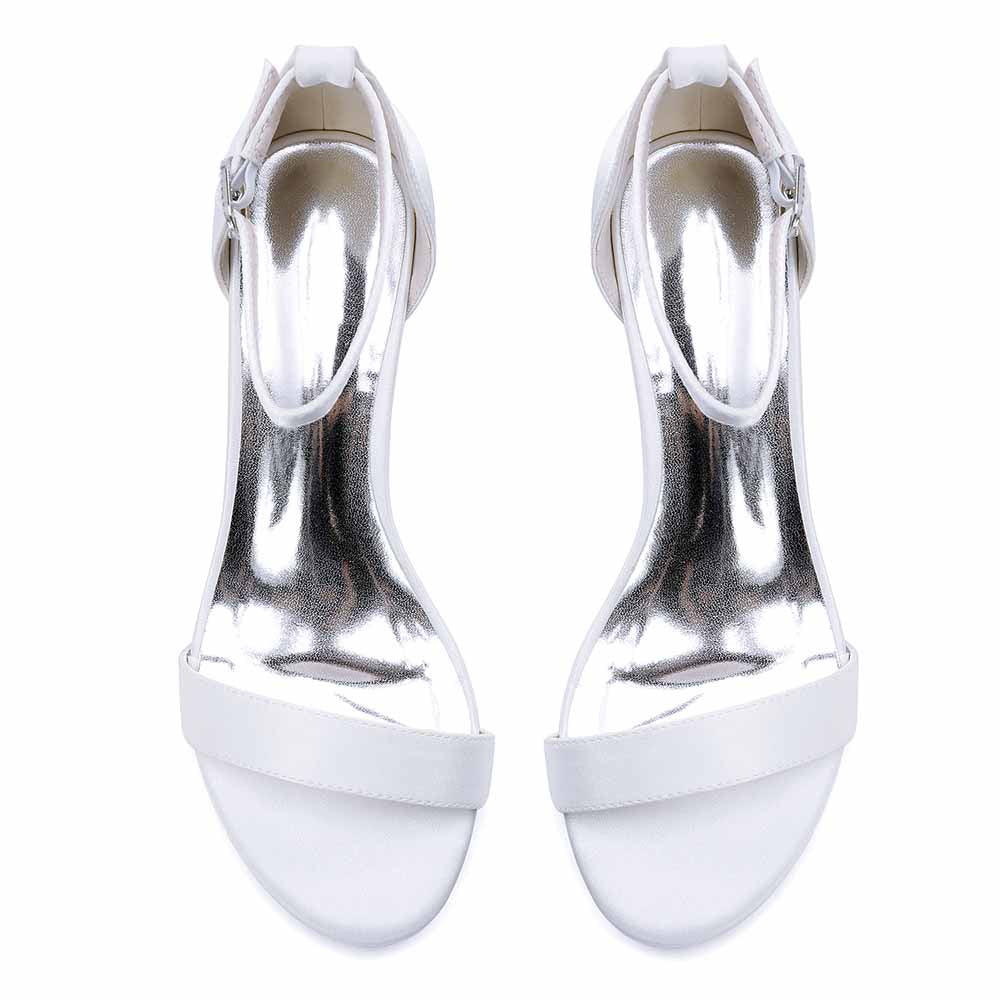 Elegant chunky heel wedding sandals in white with glossy finish and adjustable ankle strap