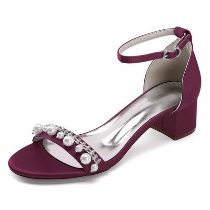 Elegant block heel wedding sandals for women in burgundy with pearl embellishments and ankle strap