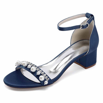 Navy blue block heel wedding sandals for women with pearl and rhinestone embellishments