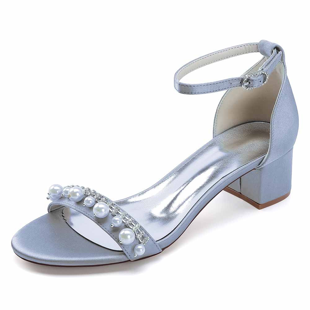 Elegant block heel wedding sandals for women in silver with pearl embellishments for a stylish look