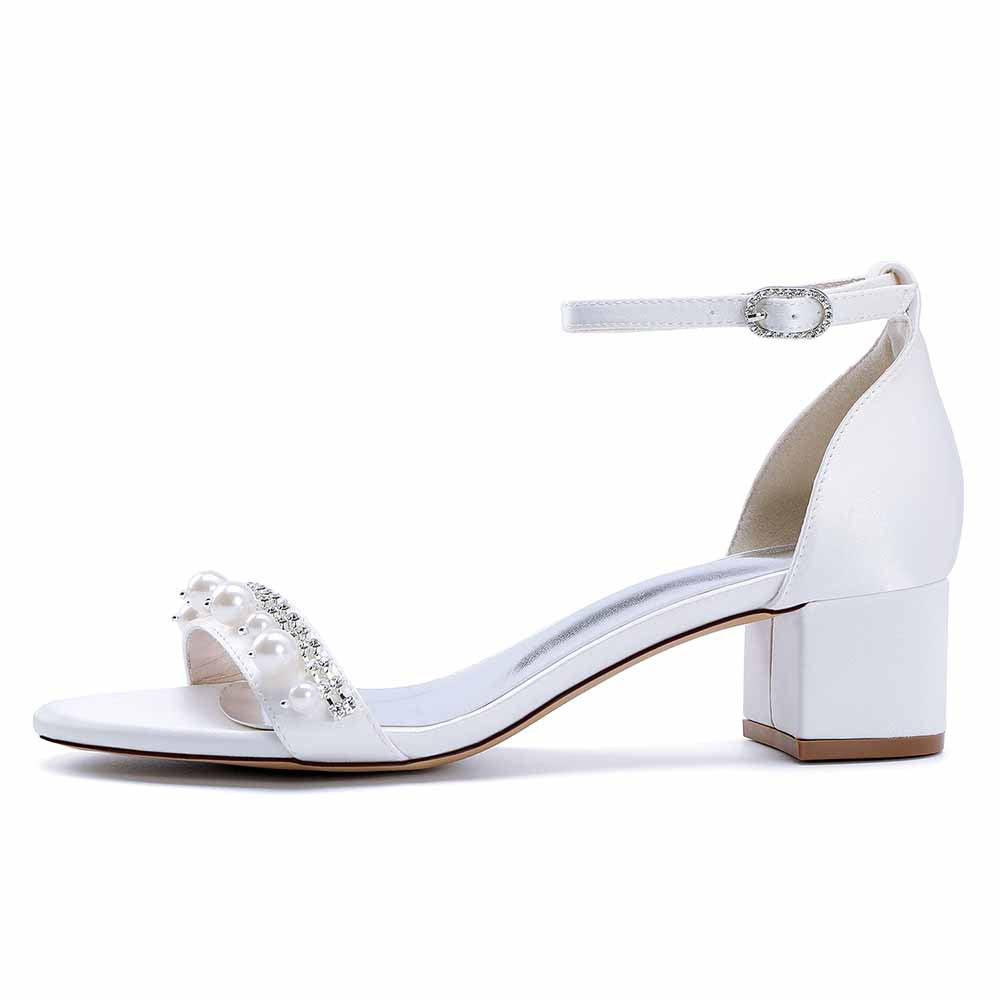 White block heel wedding sandals for women with pearl embellishments and ankle strap