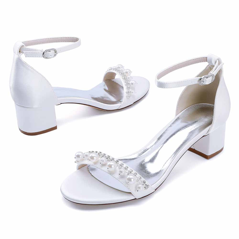Elegant block heel wedding sandals for women with pearl embellishments and ankle strap