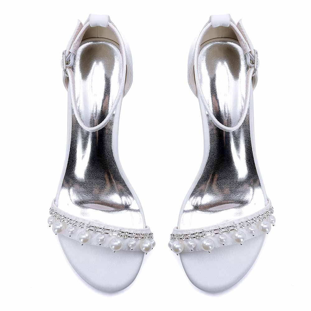 Elegant block heel wedding sandals for women with pearl embellishments and shiny silver finish