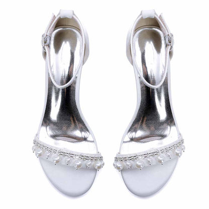 Elegant block heel wedding sandals for women with pearl embellishments and shiny silver finish