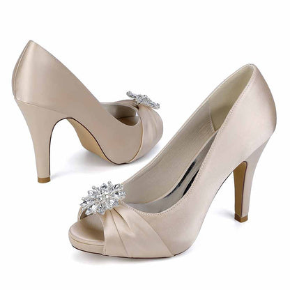 Elegant S&DCo. satin peep toe wedding shoes with jeweled embellishment for bridal elegance