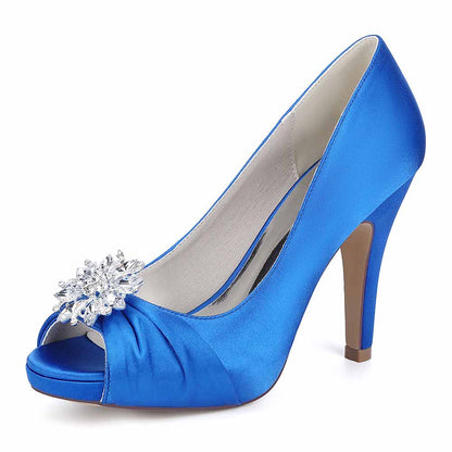 S&DCo. satin peep toe wedding shoes in blue with jeweled embellishment for stylish brides