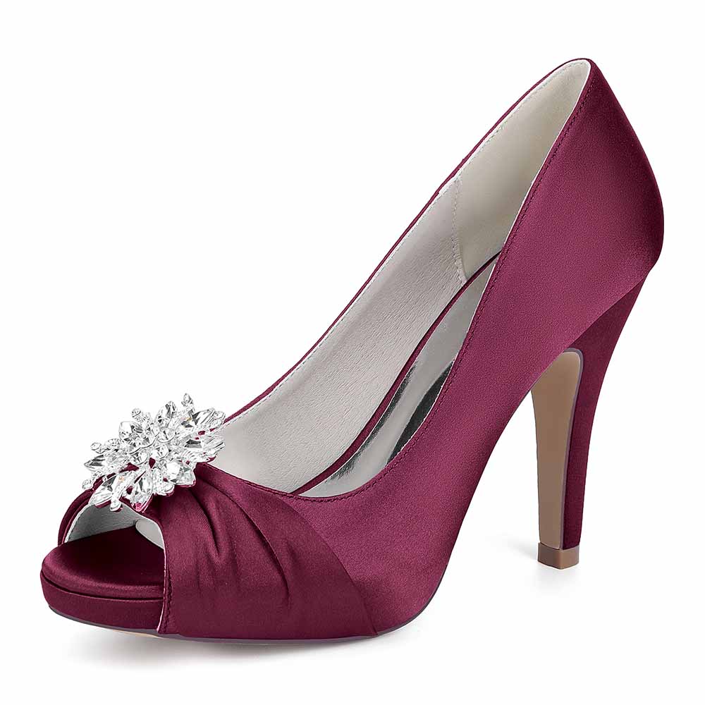 S&DCo. Satin Peep Toe Wedding Shoes in Burgundy with Elegant Rhinestone Detail
