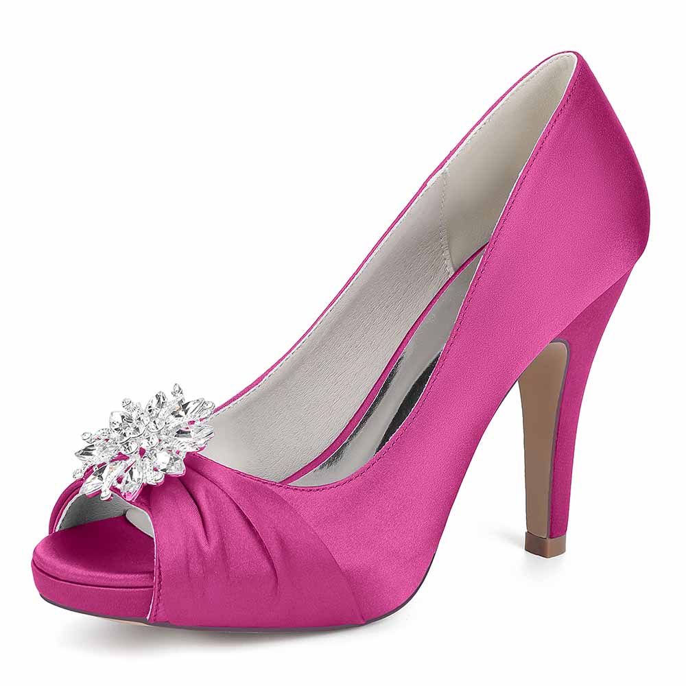 S&DCo. satin peep toe wedding shoes in hot pink featuring a sparkling embellishment on the front