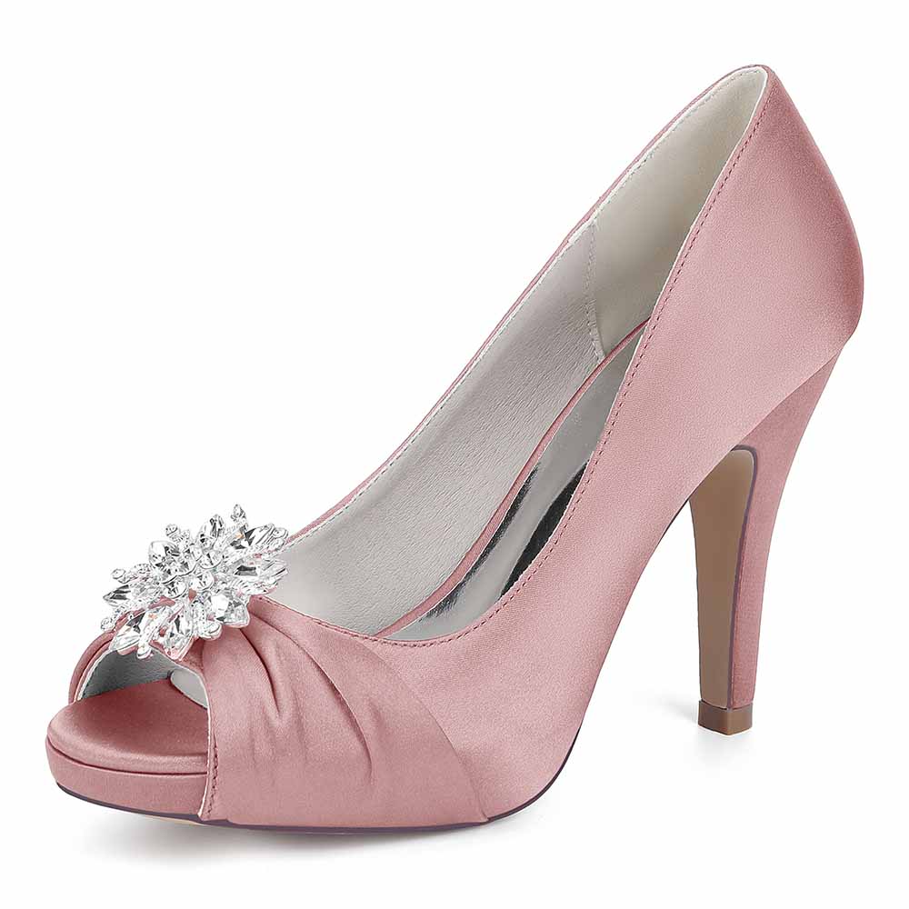 S&DCo. satin peep toe wedding shoes in pink with decorative flower embellishment
