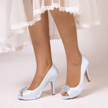 Elegant satin peep toe wedding shoes by S&DCo with dazzling rhinestone embellishment