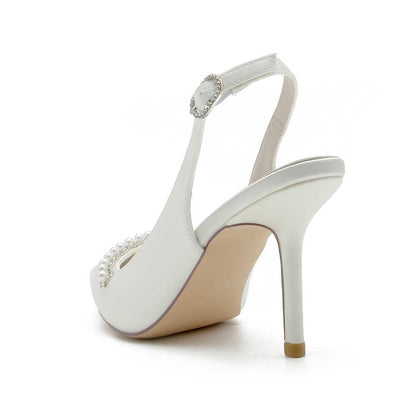 Elegant wedding satin slingback shoes with pearl detailing and a stylish heel, perfect for special occasions