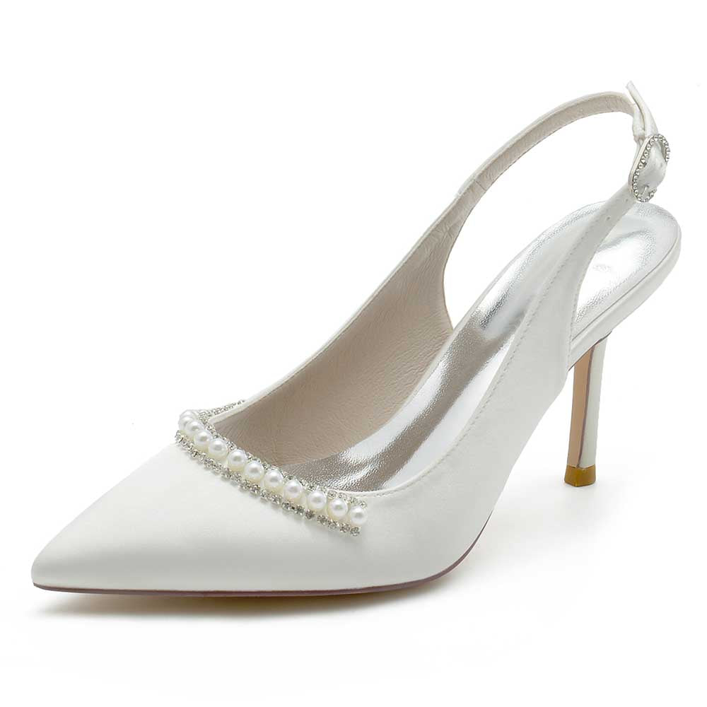 Elegant wedding satin slingback shoes with pearl embellishments and pointed toe design