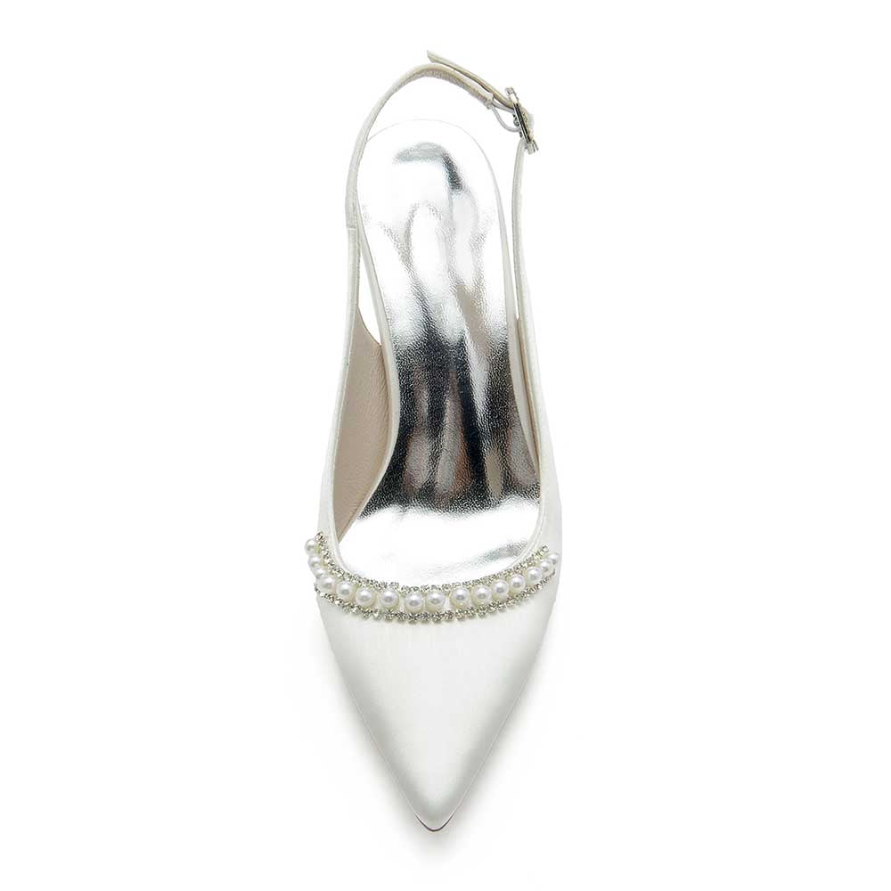 Elegant S&DCo. wedding satin slingback shoes with pearl embellishments for bridal occasions