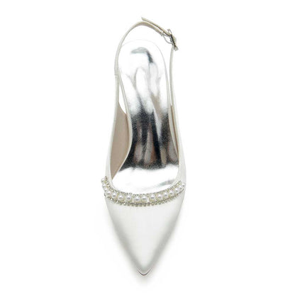 Elegant S&DCo. wedding satin slingback shoes with pearl embellishments for bridal occasions