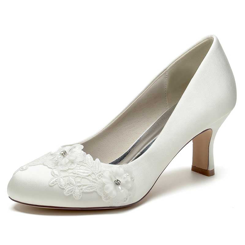 S&DCo. elegant wedding shoes for bride low heel with lace and floral embellishments in white