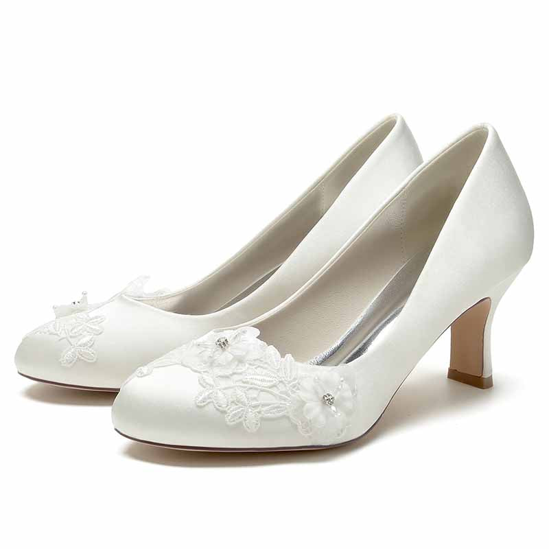 S&DCo. elegant white wedding shoes for bride low heel with floral embroidery and delicate details