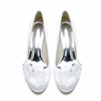 S&DCo. elegant white wedding shoes for bride low heel with floral embroidery detail
