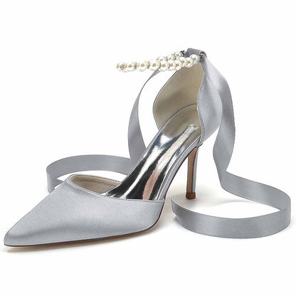 S&DCo. Elegant Silver Heels with Pearl Detail and Ribbon for shoes for the wedding