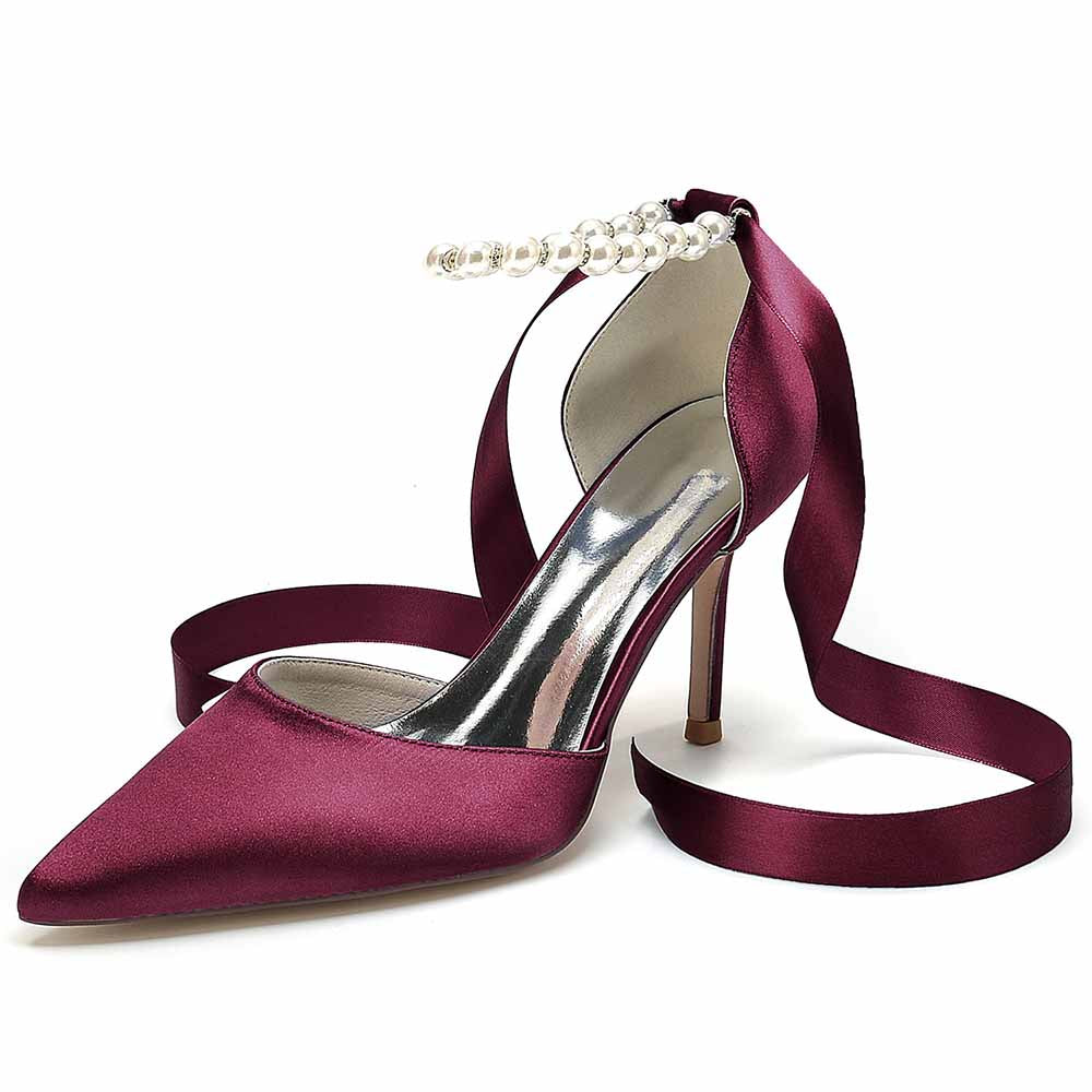 Elegant burgundy heels by S&DCo with pearl detail and satin ribbons, ideal shoes for the wedding
