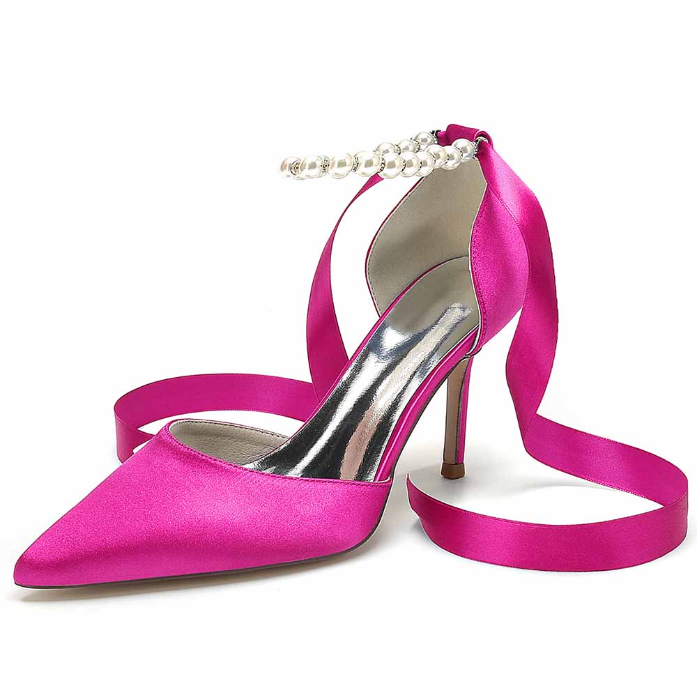 S&DCo. Pink Satin Heels with Pearl Detail and Ribbon, perfect shoes for the wedding