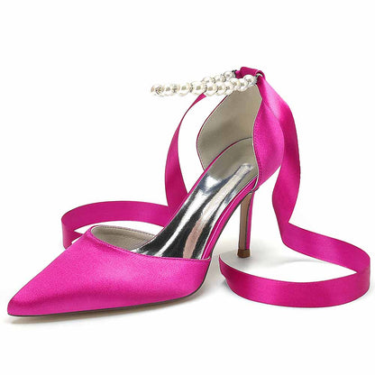 S&DCo. Pink Satin Heels with Pearl Detail and Ribbon, perfect shoes for the wedding