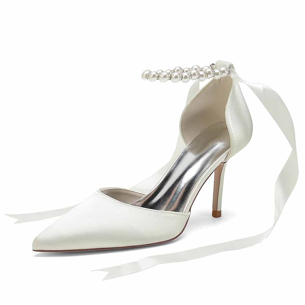 Elegant S&DCo. white heels with pearl ankle strap, perfect shoes for the wedding