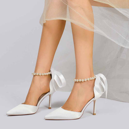 Elegant S&DCo. white heels with pearl ankle straps perfect as shoes for the wedding