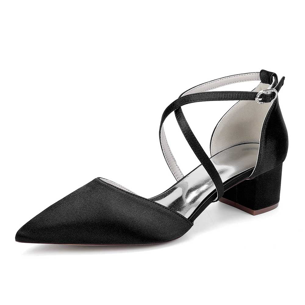 Elegant black wedding shoes with ankle strap and pointed toe design for stylish brides