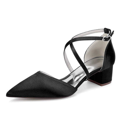 Elegant black wedding shoes with ankle strap and pointed toe design for stylish brides