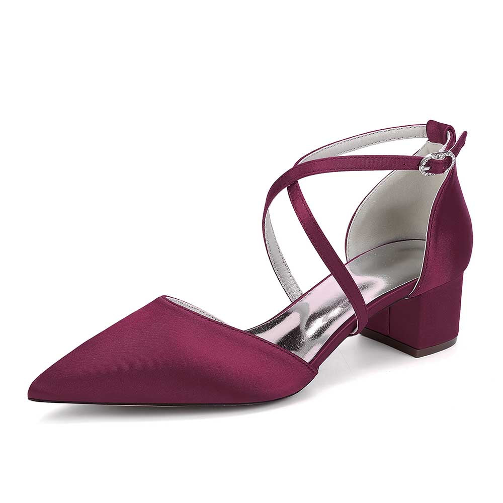 Elegant burgundy wedding shoes with ankle strap featuring a pointed toe and block heel design