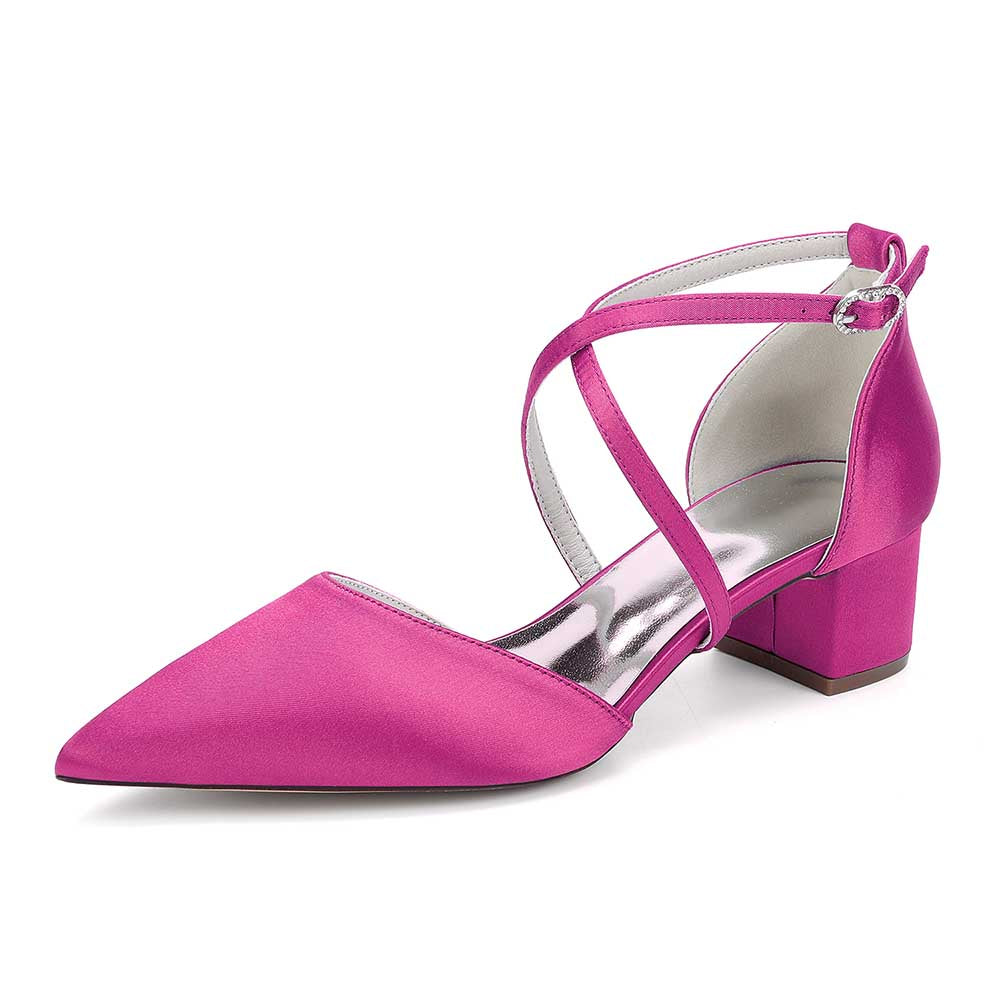 Pink satin wedding shoes with ankle strap and block heel for stylish bridal elegance
