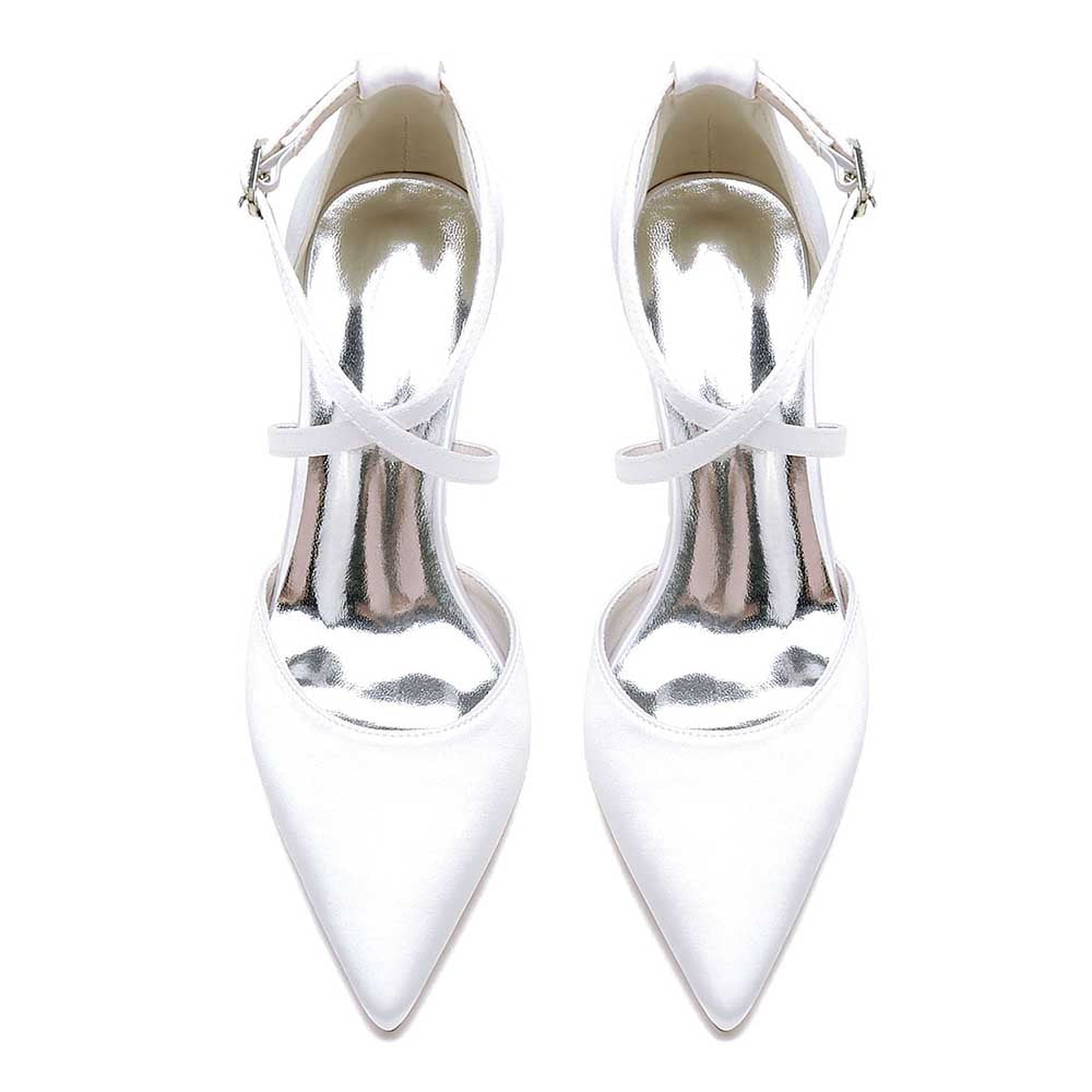 Elegant white wedding shoes with ankle strap and pointed toe design for brides