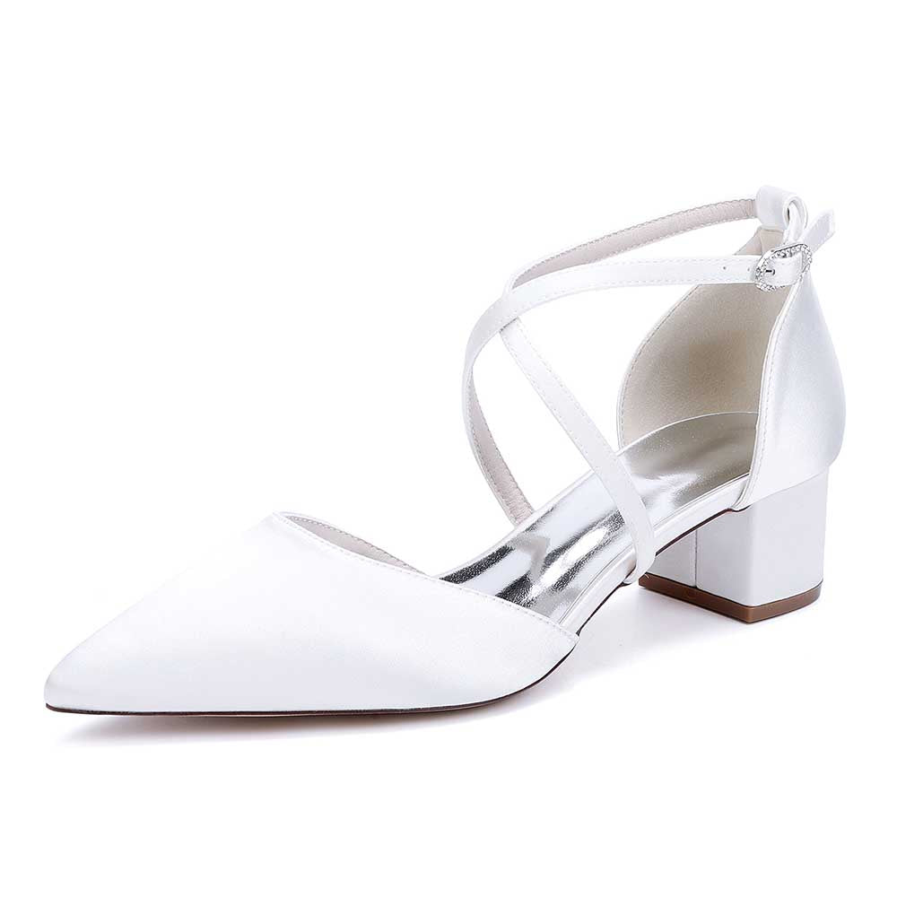 Elegant white wedding shoes with ankle strap and a chic pointed toe design for bridal wear