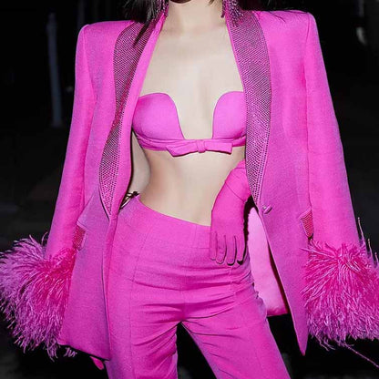 Women's Event Pantsuits with Feather One Button Wedding Suit Party Set