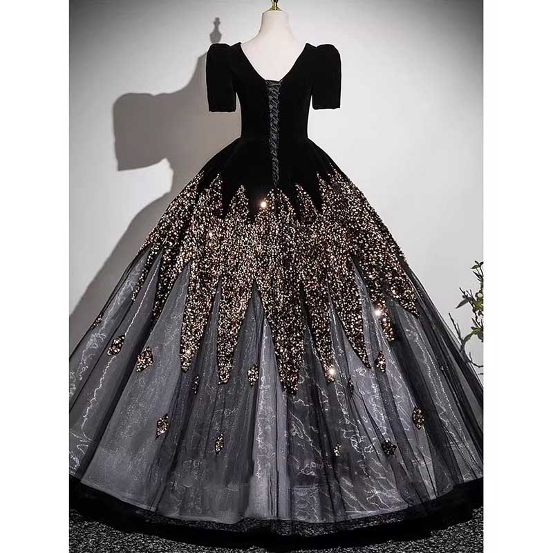 Sequin Velvet Long Tulle Prom Dress V-Neck Evening Event Dress