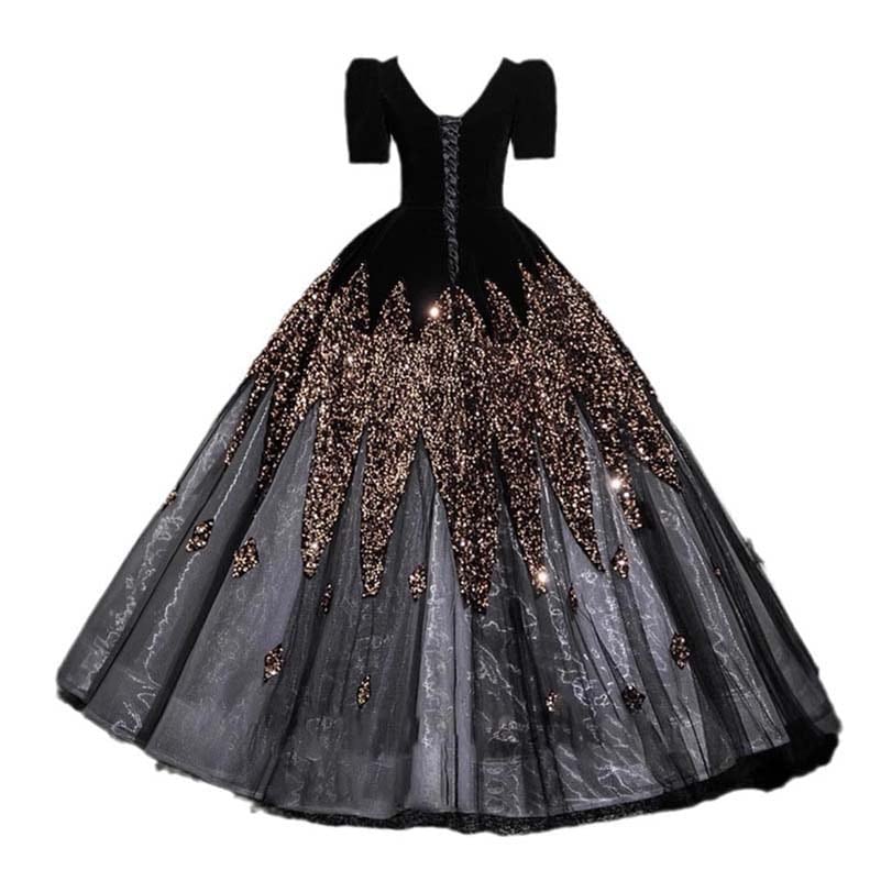 Sequin Velvet Long Tulle Prom Dress V-Neck Evening Event Dress