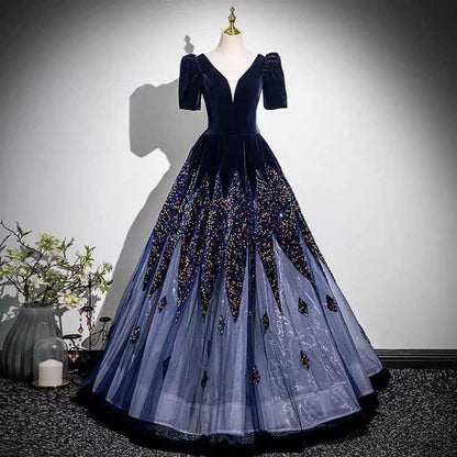 Sequin Velvet Long Tulle Prom Dress V-Neck Evening Event Dress