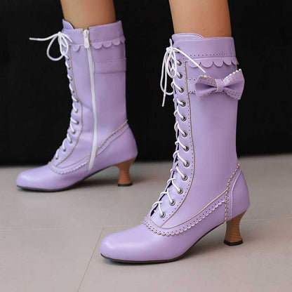 Women's Low Heel Lace-Up Boots with Bow