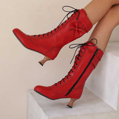 Women's Low Heel Lace-Up Boots with Bow