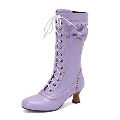Women's Low Heel Lace-Up Boots with Bow