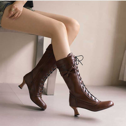 Women's Low Heel Lace-Up Boots with Bow